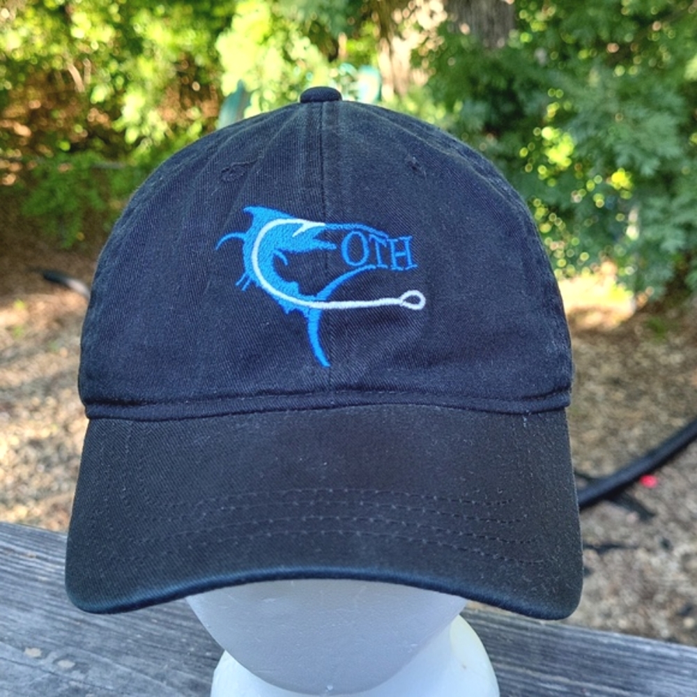 Off The Hook fishing cap, black w blue embroidered fish and hook,adjustable back